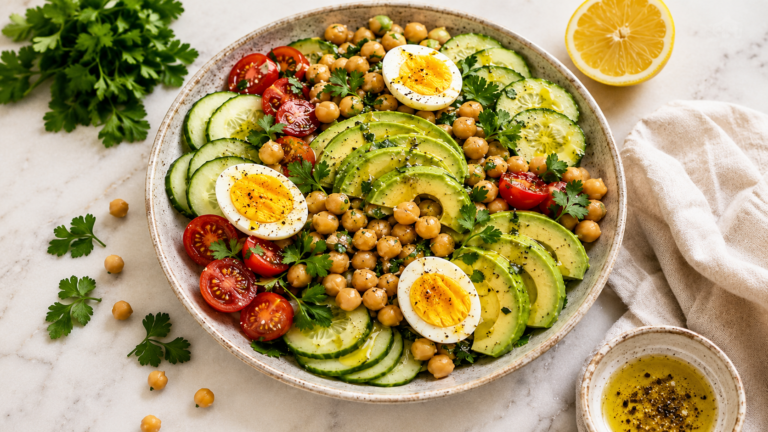 Insalata Proteica con Ceci, Avocado e Uova: un pasto sano, completo e delizioso